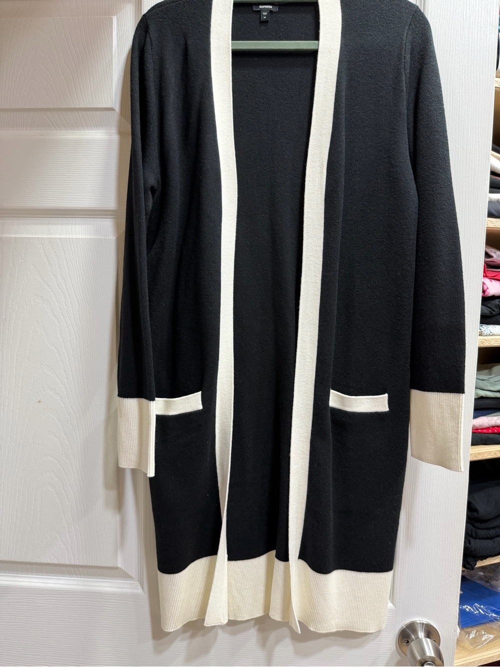 Express Black Long Open-Front Cardigan with Cream Trim